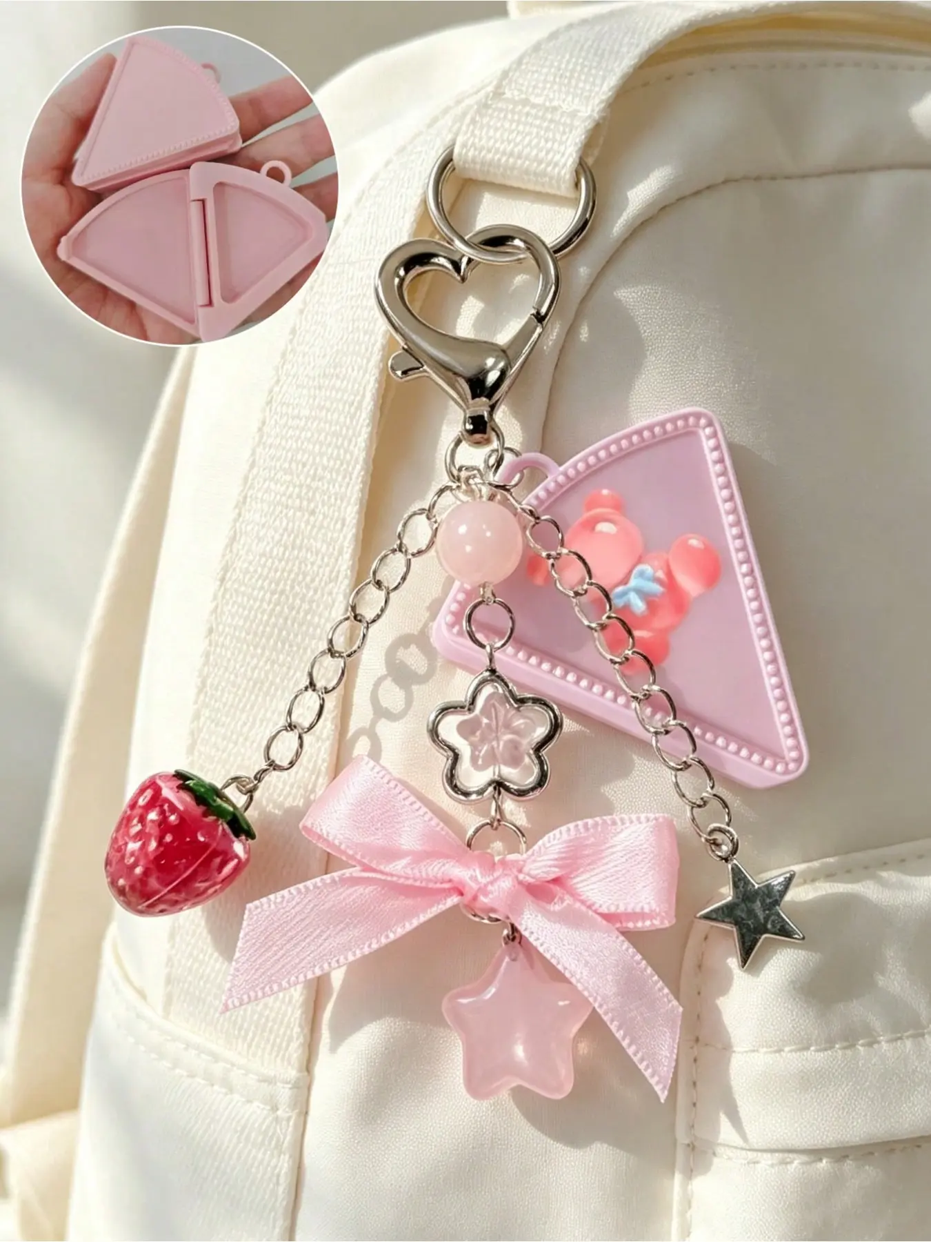 Ins-style strawberry bow keychain, refillable eyeshadow/blush palette, portable keychain palette, multifunctional makeup palette, everyday portable makeup palette, canvas tote bag