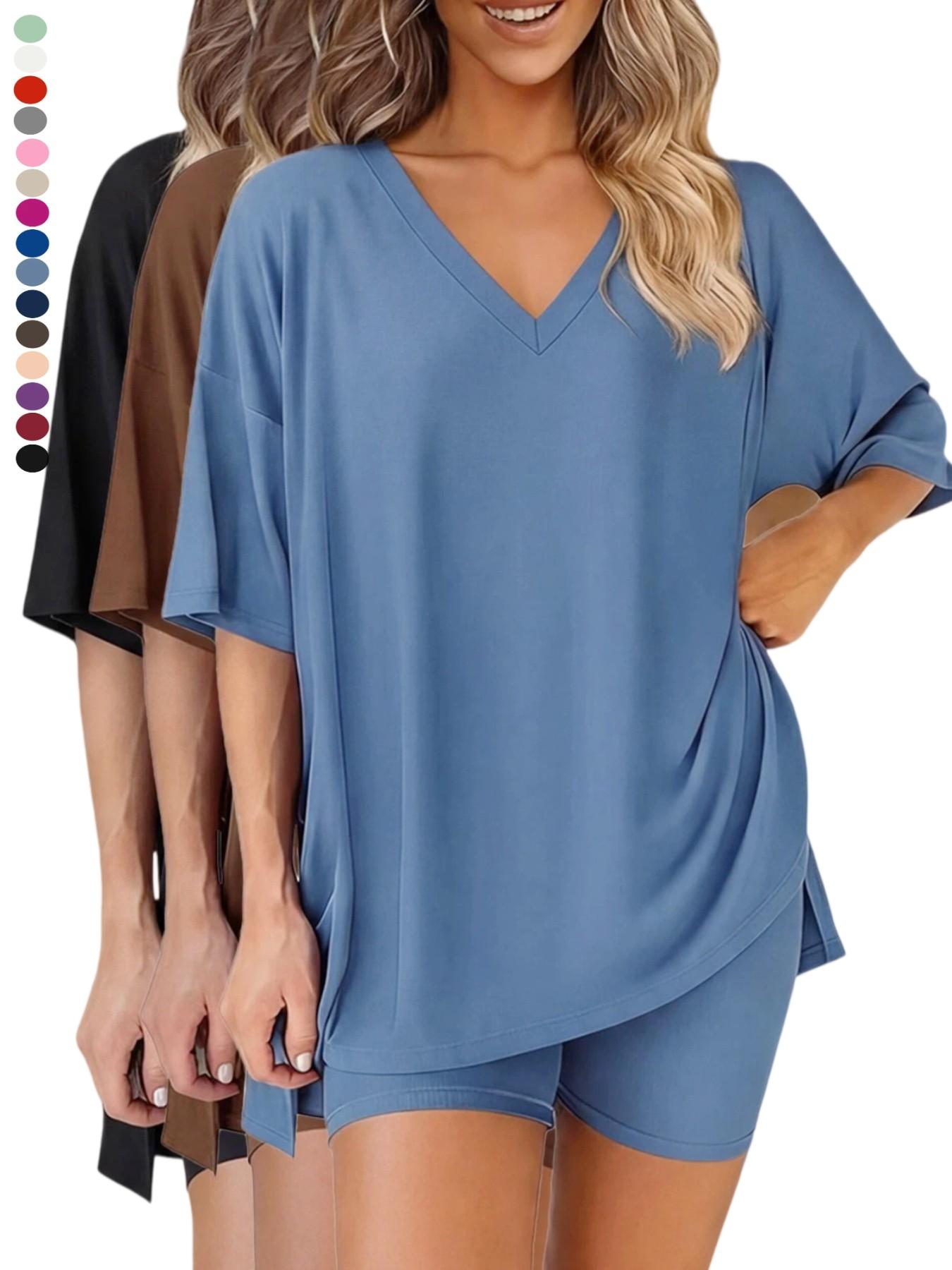 2026 V Neck 2 Piece Sets forSpringWomen Summer Loungewear Short Set SpringMatching Biker Shorts Oversized ShirtClothing