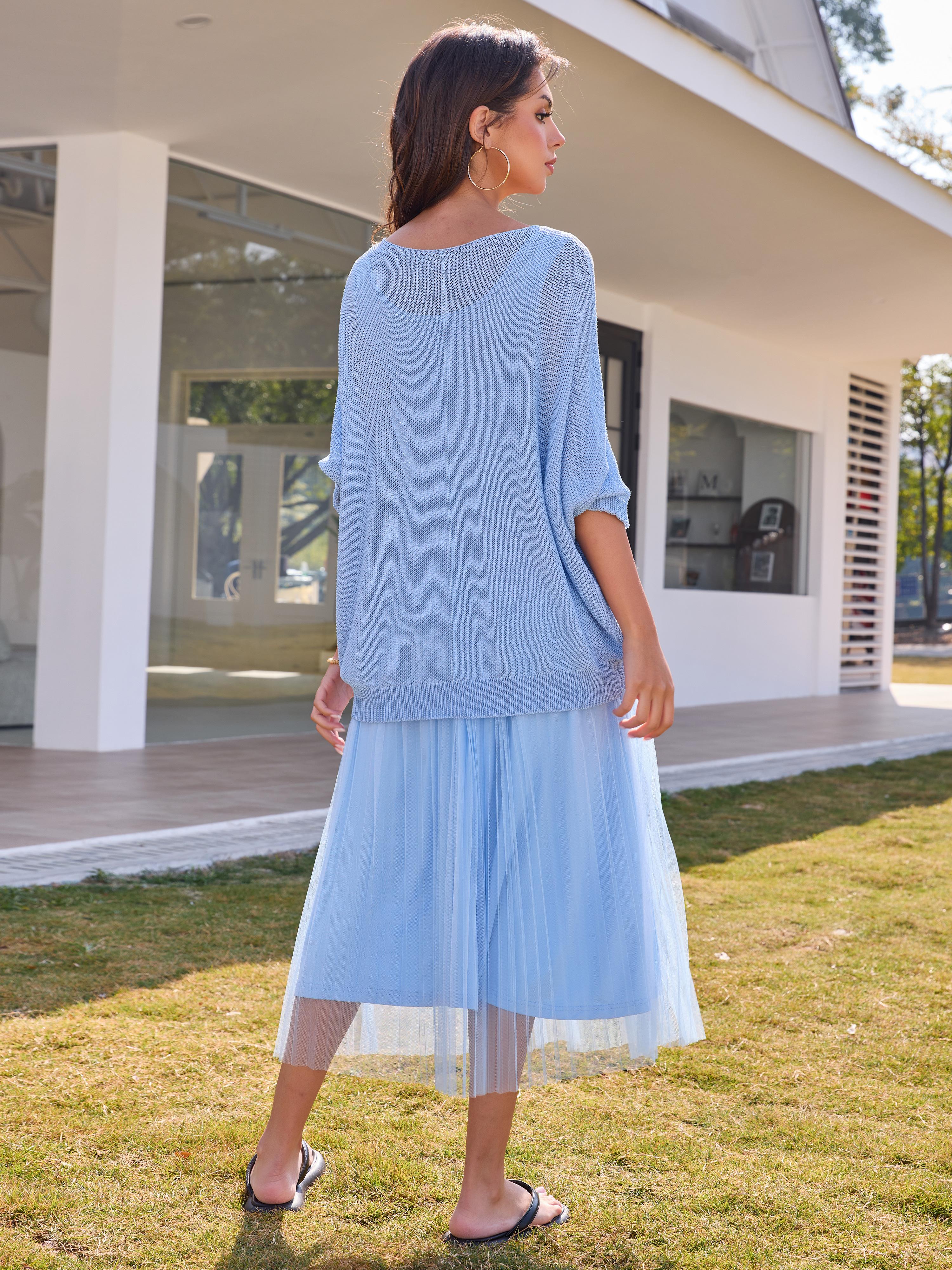 [US shipping]JOYFUNEAR Women's Solid Color Knit Top & Mesh Dress Two-Piece Set - Basic Black Elastic Fabric Loose Fit for Daily Outdoor Wear