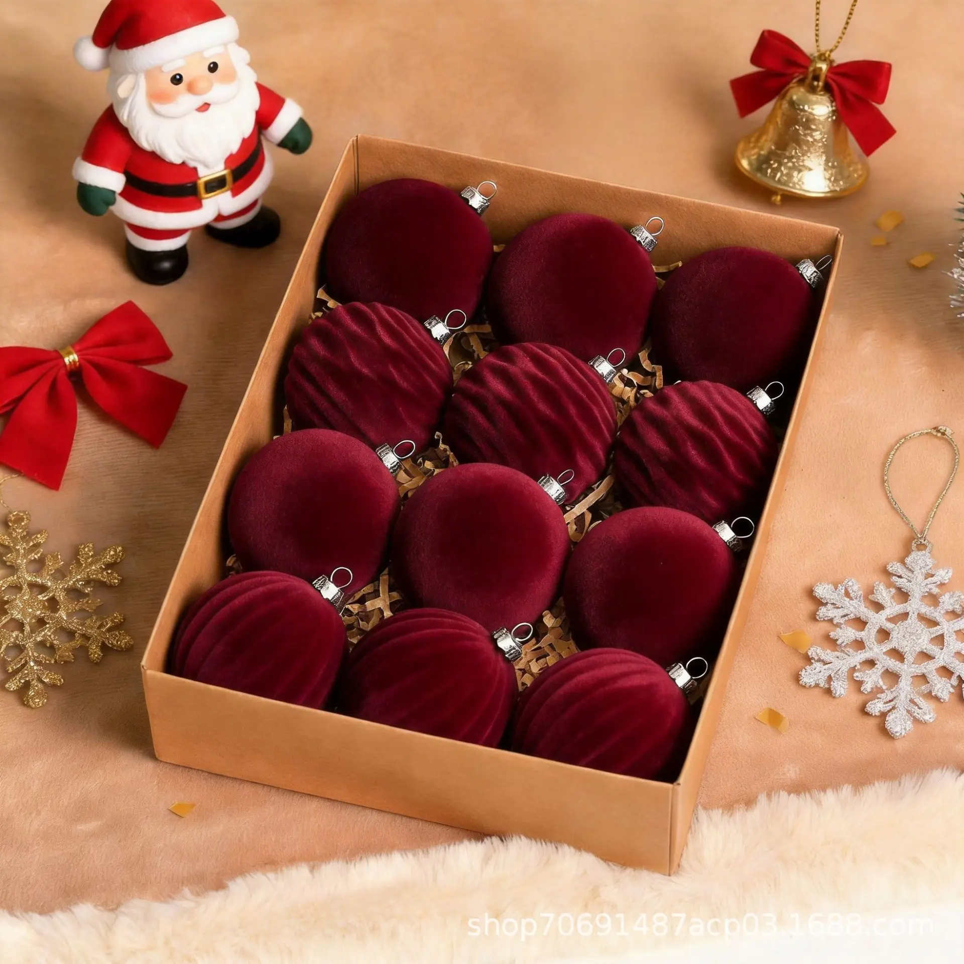Velvet Christmas Ball Ornaments Set with Multi-Shape Flocked Baubles, Suitable for Christmas Tree Hanging Decor, Reusable Festive Pendant for Winter Home & Party Scene Decoration