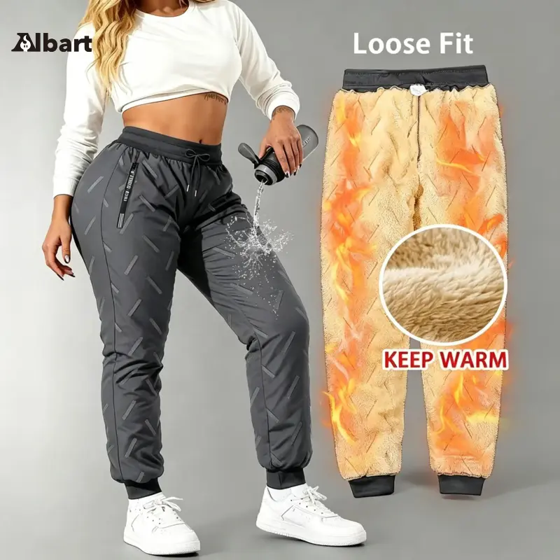 Women's Fleece-Lined Polyester Knit Basic Casual Baggy Oversize Winter Bottom Pants - Loose-Fit, Comfortable, Zipper-Pocket Trousers for Everyday Wear, Outdoor Activities, Zipped Pants, Zip Pocket, Knitting, Zipper Pockets