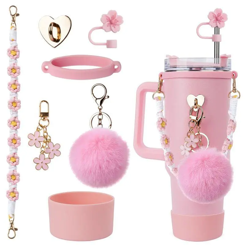 Cute Tumbler Accessories for Stanley 40oz 30oz Cup, 7PCS Drinkware Accessories with Bow Straw Topper, Silicone Straw Cover, Boot, Handle Chain & Pom Pom Charm game day tumbler leak-proof design gift-ready box campingessentials
