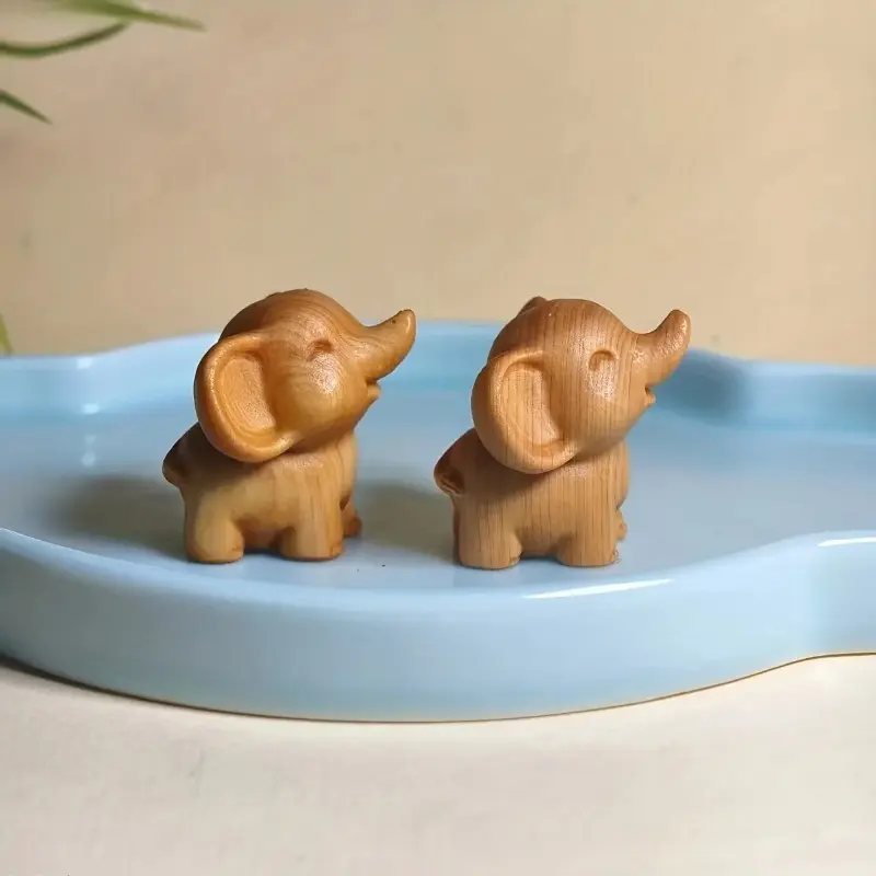 2‑Piece Hand‑Carved Boho Wooden Elephant Figurine Set, Rustic Animal Sculptures, Indoor & Entryway Home Decor, Thoughtful Gift Ornament