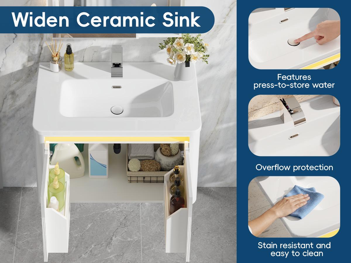 30-in Wood Floating Bathroom Vanity Set - Storage Cabinet, Sink, Faucet, Mirror, Glossy Wall Cabinets, LED Sensor Light, Wall-Mounted Design, Soft-Close Drawers for Organization, Bathroom Storage Cabinet,dorm essentials,home decor