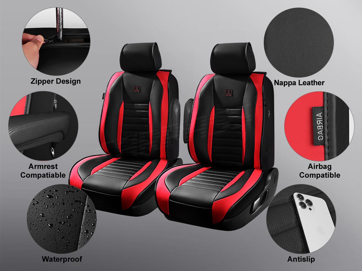 CAR PASS Leather Car Seat Cover Front Seat, Luxury Seat Protector for Cars, Waterproof Anti-Slip Seat Cushion Armrest Compatible Airbag Universal for Sedan SUV Pick-up Truck Auto, Black&Red 1 Count