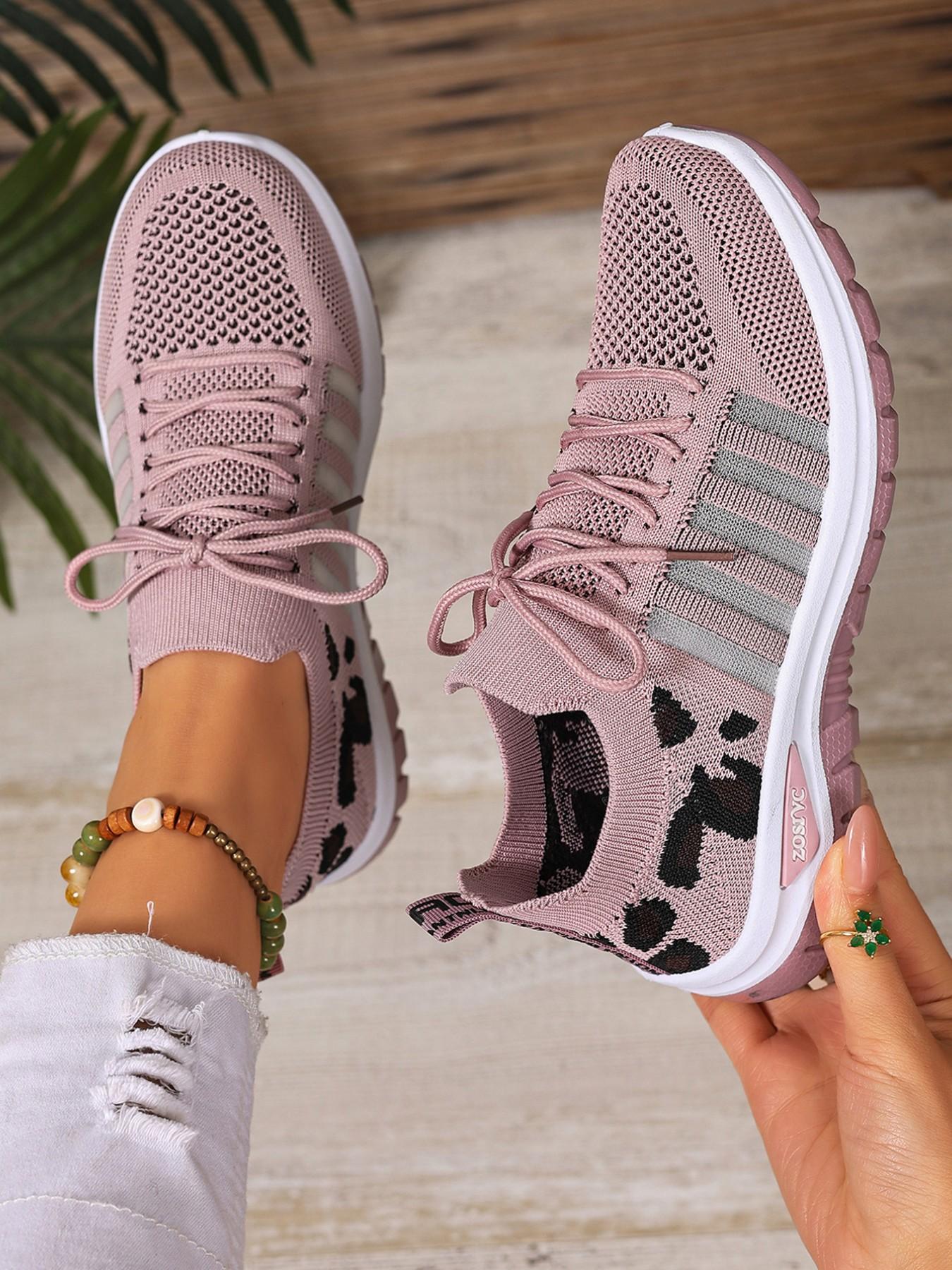 Women's Lightweight and Breathable Leopard Print Knit Casual Low Top Sneakers, Fashionable and Versatile Comfortable Fit Shoes Suitable for Walking, Traveling and Daily Wear Trendy Walking Sneaker Lowtop Sneaker