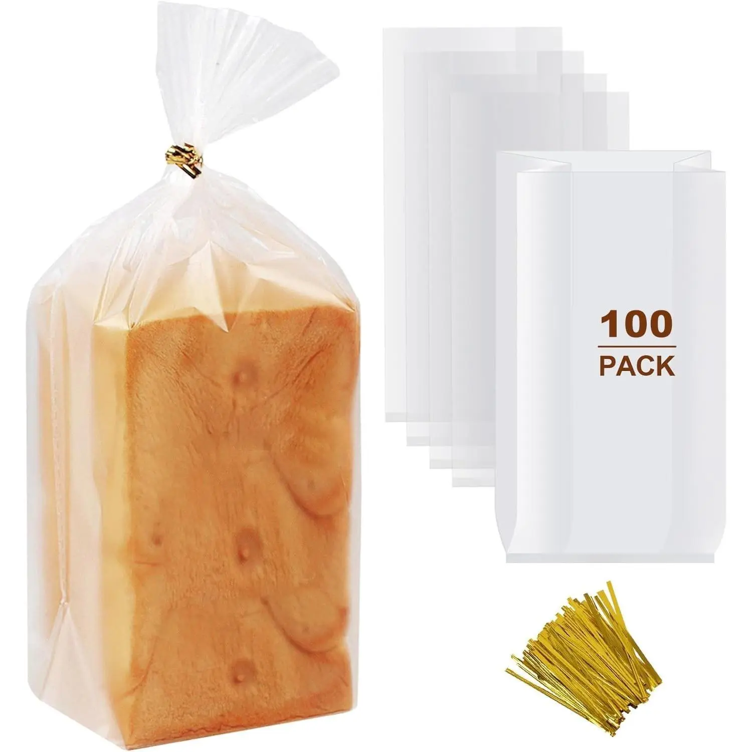 100 Pack 8" x 4" x 18" Clear Bread Bags with 100 Ties, Reusable Plastic Storage Bags for Homemade Bread, Bakers & Bakery OwnersGift