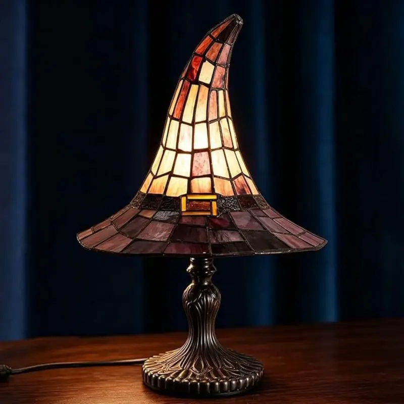 Colorful Glass Witch Hat Table Lamp, Vintage Tiffany Style Night Light, Gothic Aesthetic, Halloween Decor, Unique Gift for Witch Enthusiasts