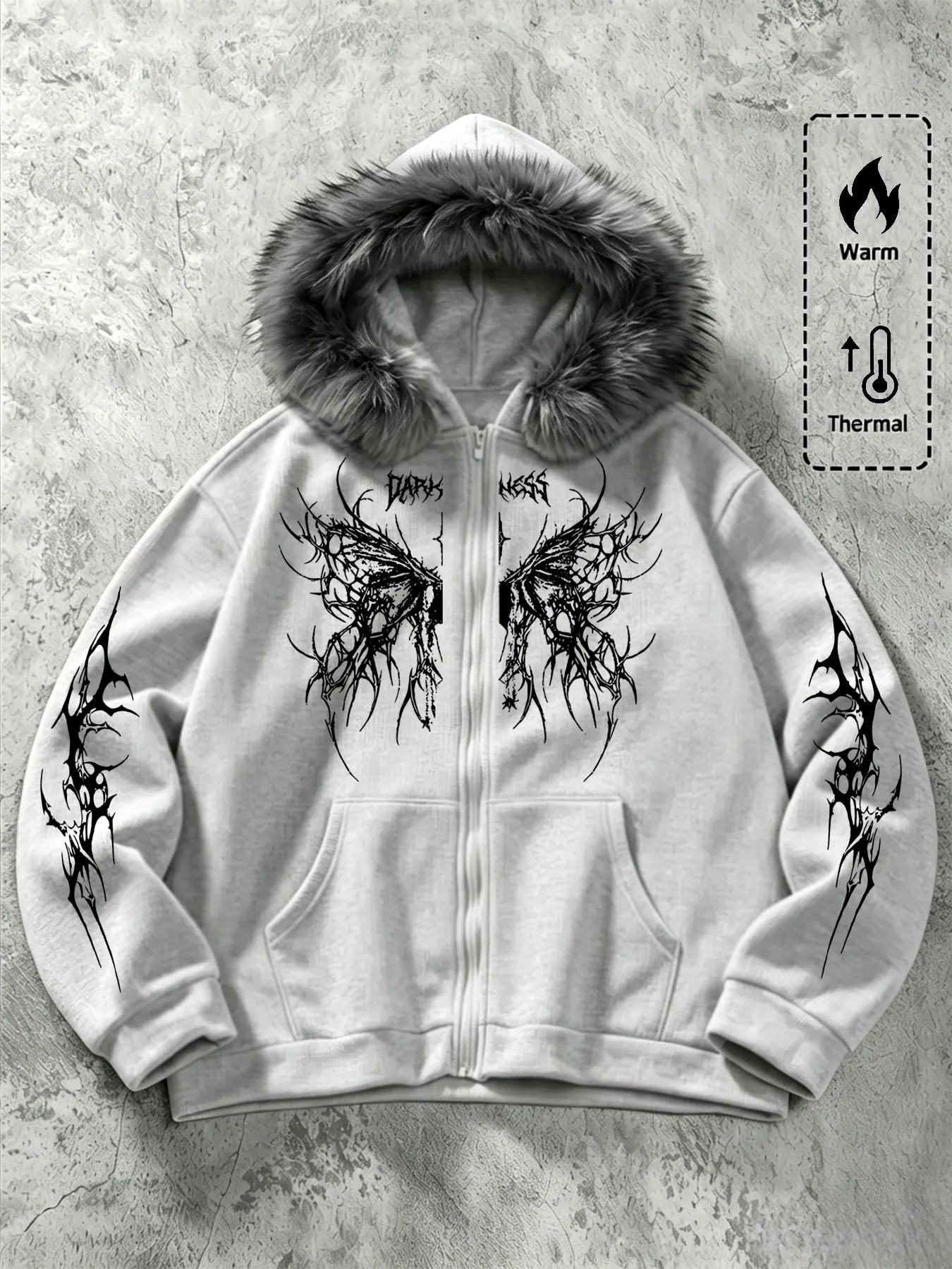 Men's Zipper Hooded Jacket, Gothic Style, Faux Fur Lined Warm Fabric, Thorn Butterfly Print, Fall Winter Streetwear, Casual