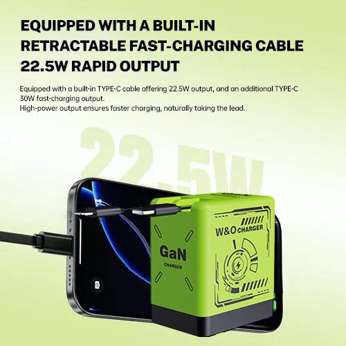W&O Compatible with  120W GaN Charger with Retractable Type-C & Lightning Cables |  Fast Charger Foldable Travel Adapter for iPhone, iPad, MacBook