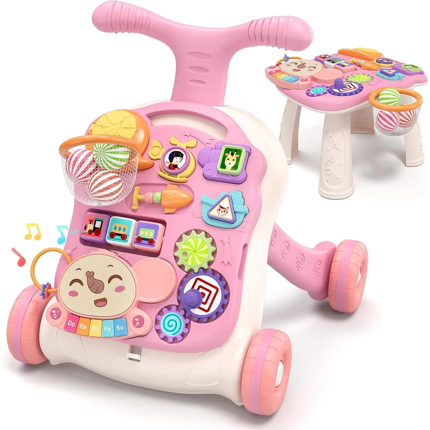 Baby Walker, 3 in 1 Sit to Stand Learning Walker, Baby Push Walker & Activity Center for Toddlers 12+ Months, Interactive Musical Learning Toy with Detachable Activity Panel, Early Educational Push Toy, Fine Motor Development Toy, First Walking Toy, Pink