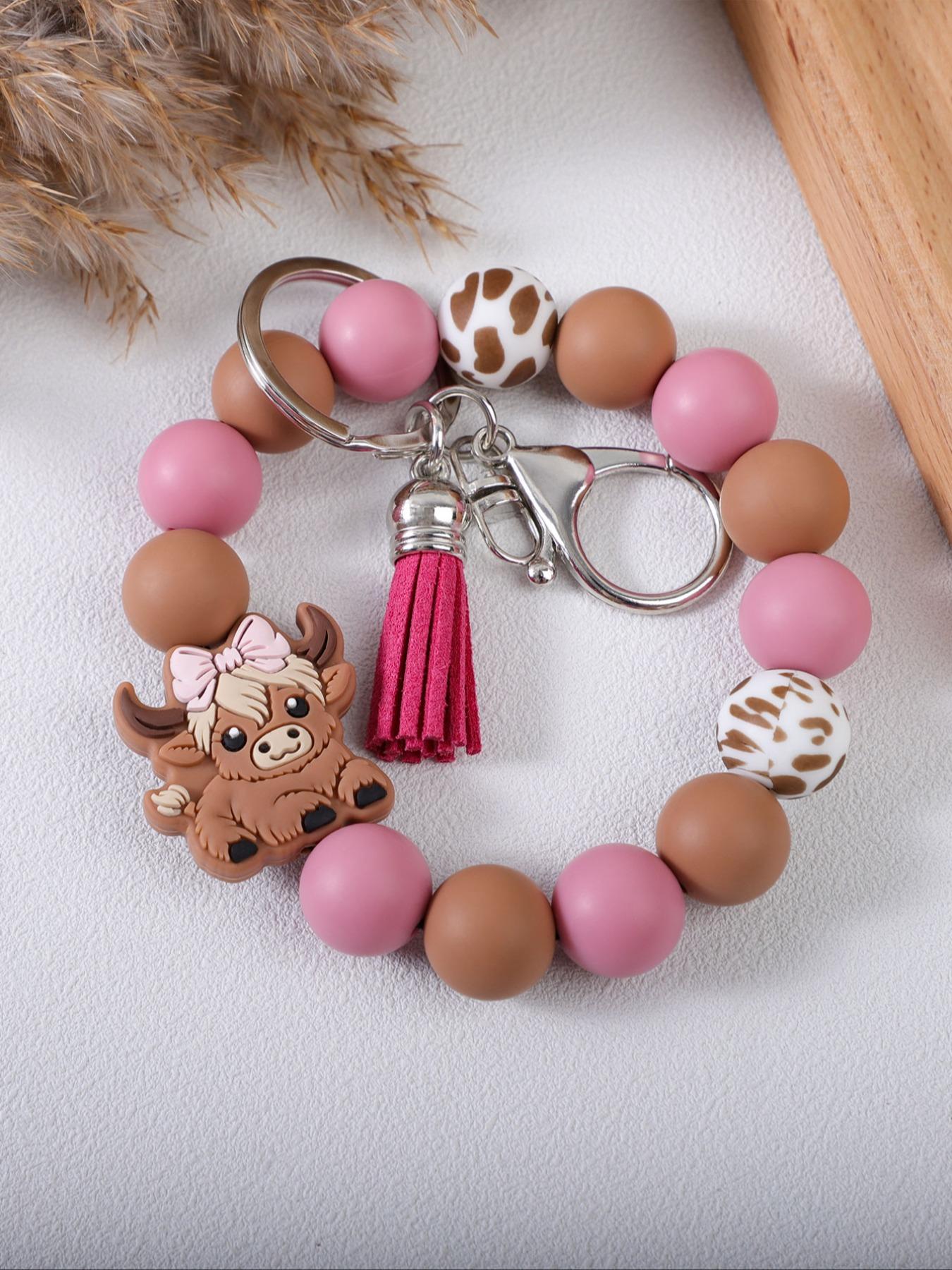 Cute Farm Style Beaded Wrist Keychain, Multiple Colors Available, Spot Pattern Beads with Bow Cow Design, Perfect Gift for Friends & Family