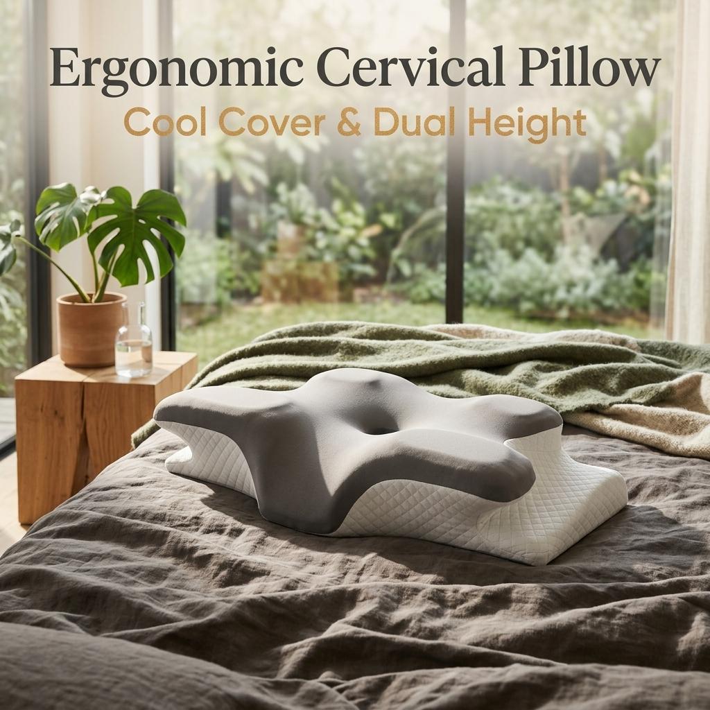 Ergonomic Bed Pillow with Cooling Case, Contoured Memory Foam Neck Support for Side, Back, and Stomach Sleepers, Odorless Foam Core