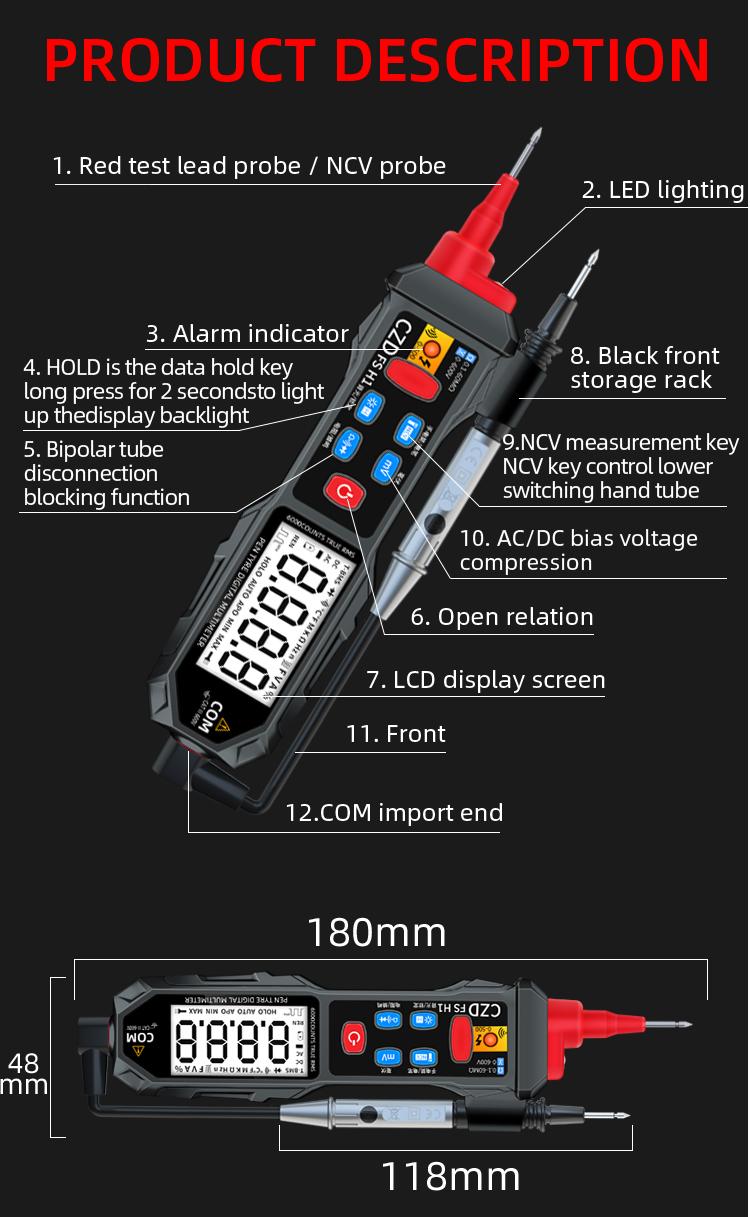 Fsh1 LCD High-Definition Display Handheld Mini Pen-Type Smart Digital Multimeter, Backlit, Battery-Free Model