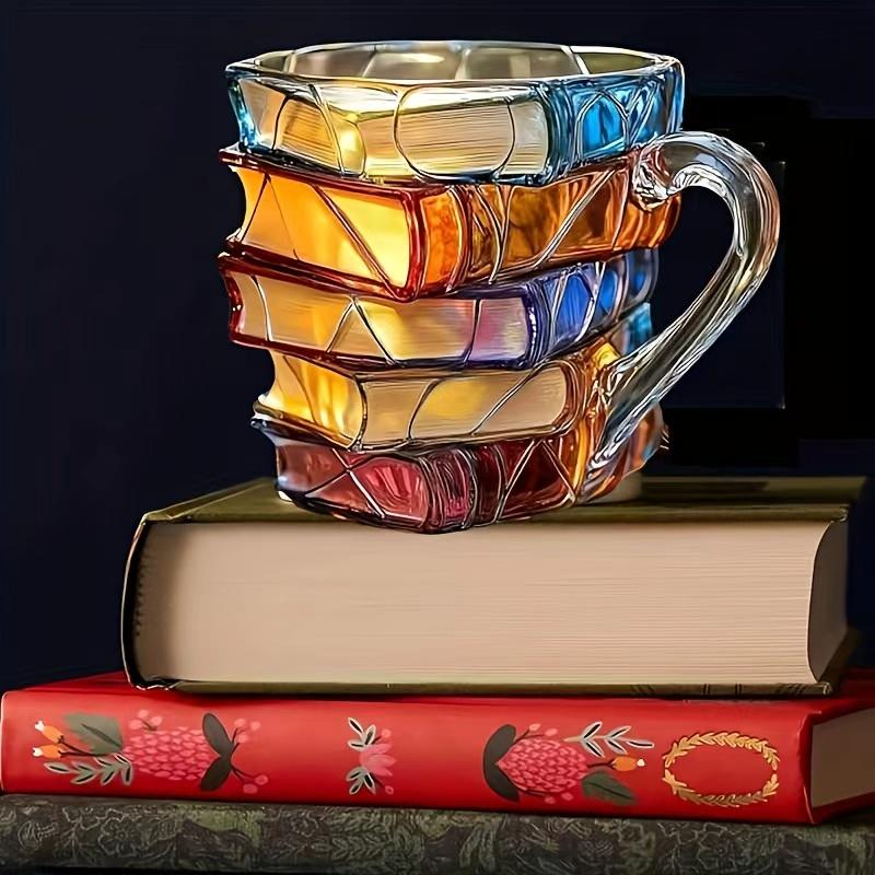 Creative Stacked Painted Book Cup Mug Display Piece, High-End Desktop Resin Coffee Cup Craft, Unique Books Cup Decor