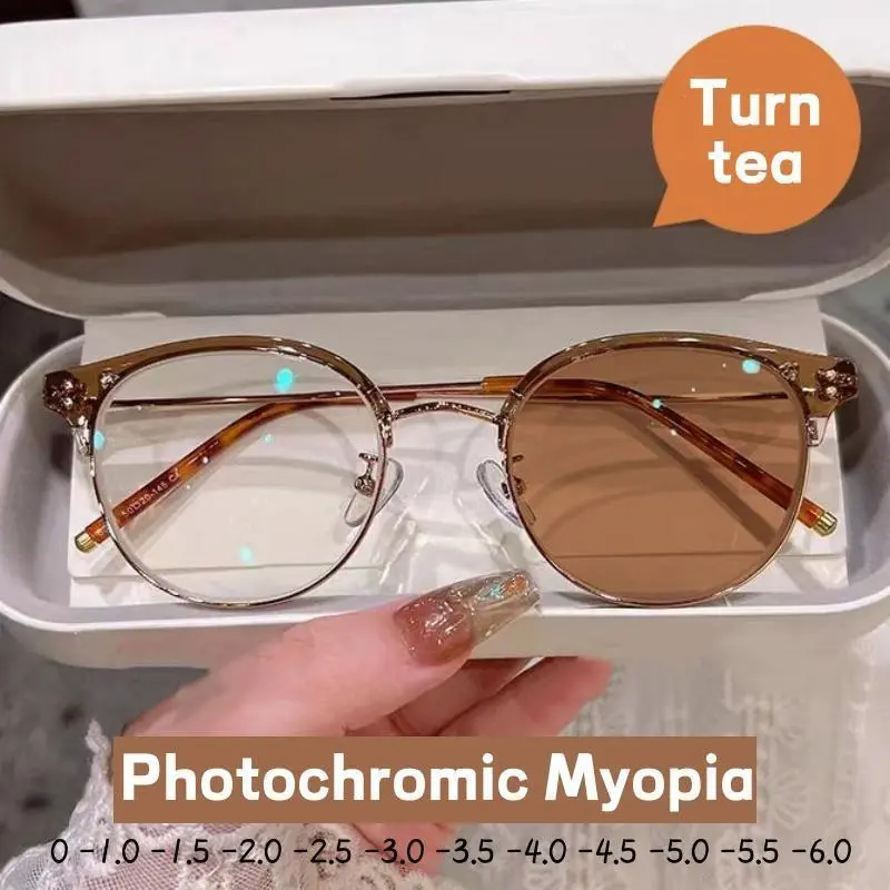 Trendy Finished Photochromic Glasses Ladies Vintage Anti-blue Myopia Eyewear Fashion Short Sighted Eyeglasses Outdoor Sunglasses