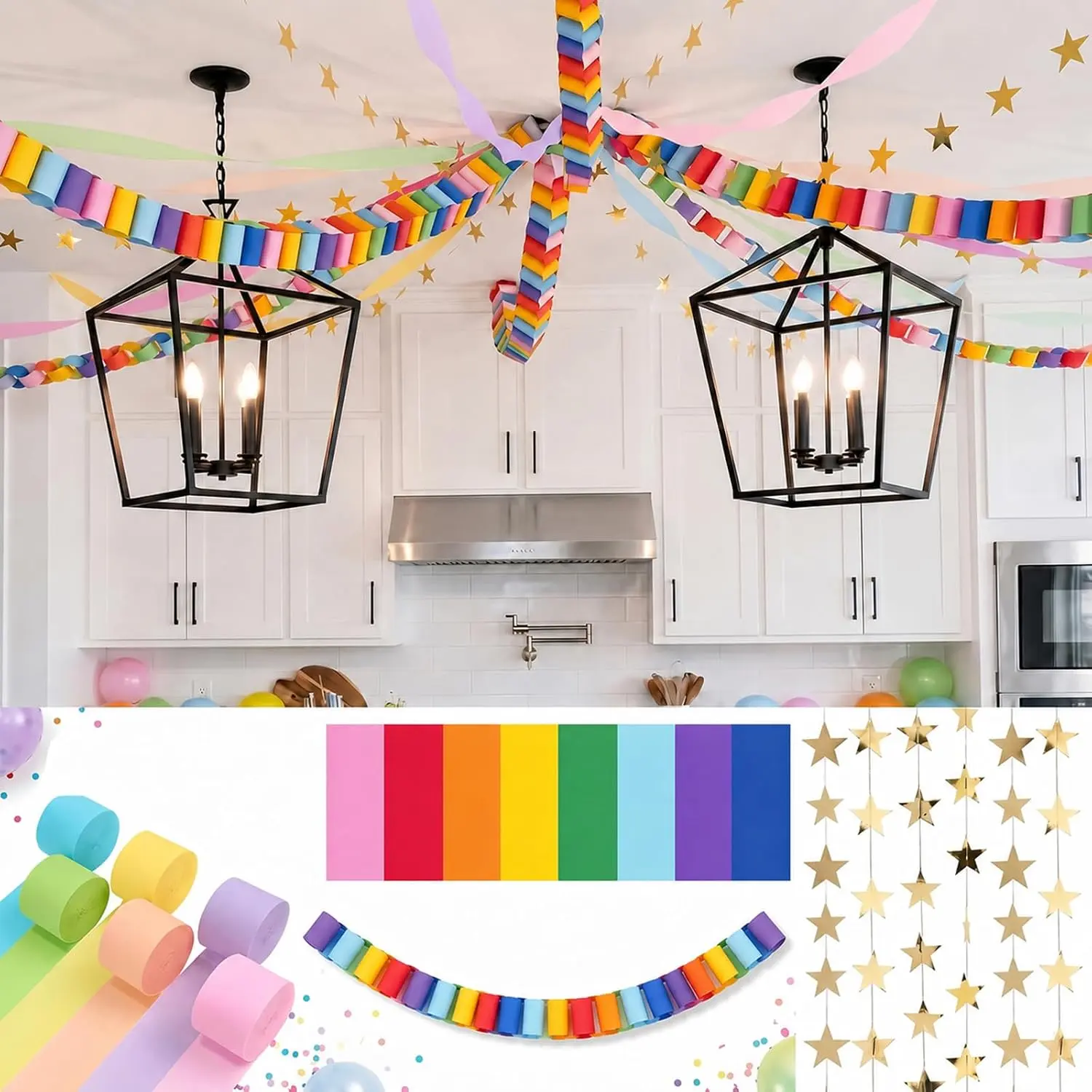 612 Pcs Paper Chain Garland Kit, 600 Sheets Rainbow Paper Chain Strips with 6 Rolls Pastel Crepe Paper Streamers and 4 Mirror Star Garlands for Birthday Wedding Party Decorations
