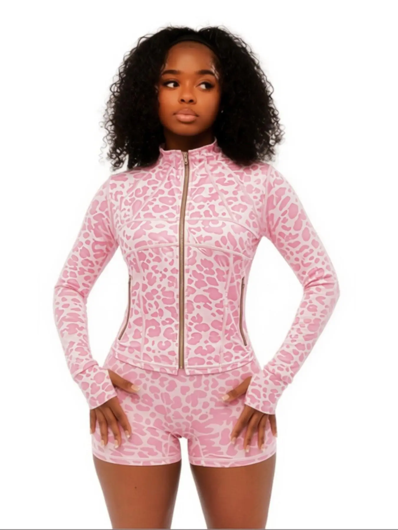 Leopard Print Yoga High Elastic Long Sleeve Zipper Bottom Shorts, Casual Sport Set for Women, 2 Piece, Comfortable and Stylish, Athleisure Workout Set, Yoga Sportswear Set