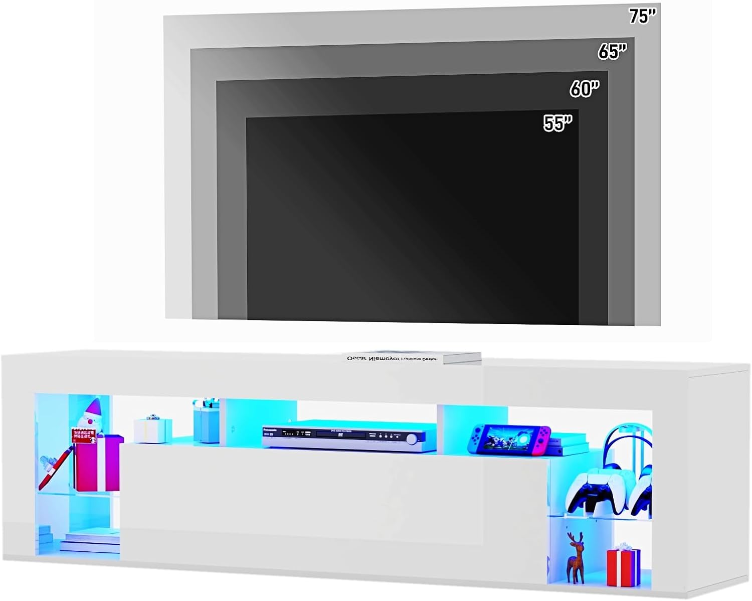 Floating TV Stand for 65/70/75/85 inch inch TV, High Gloss Led Gaming Entertainment Center with Storage and Shelf, Wall Mounted TV Console Table with Lights, White/Black Furniture Living Room Organization Home Floating TV Stand for 65/70/75/85 inch inch TV, High Gloss Led Gaming Entertainment Center with Storage and Shelf, Wall Mounted TV Console Table with Lights, White/Black Furniture Living Room Organization Home