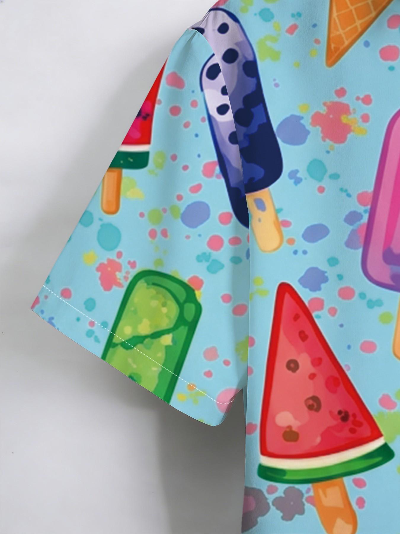 New Summer Men's Short Sleeve Shirt, Cartoon Ice Cream Full Print, Casual Breathable Beach Holiday Hawaiian Shirt, Slim Fit