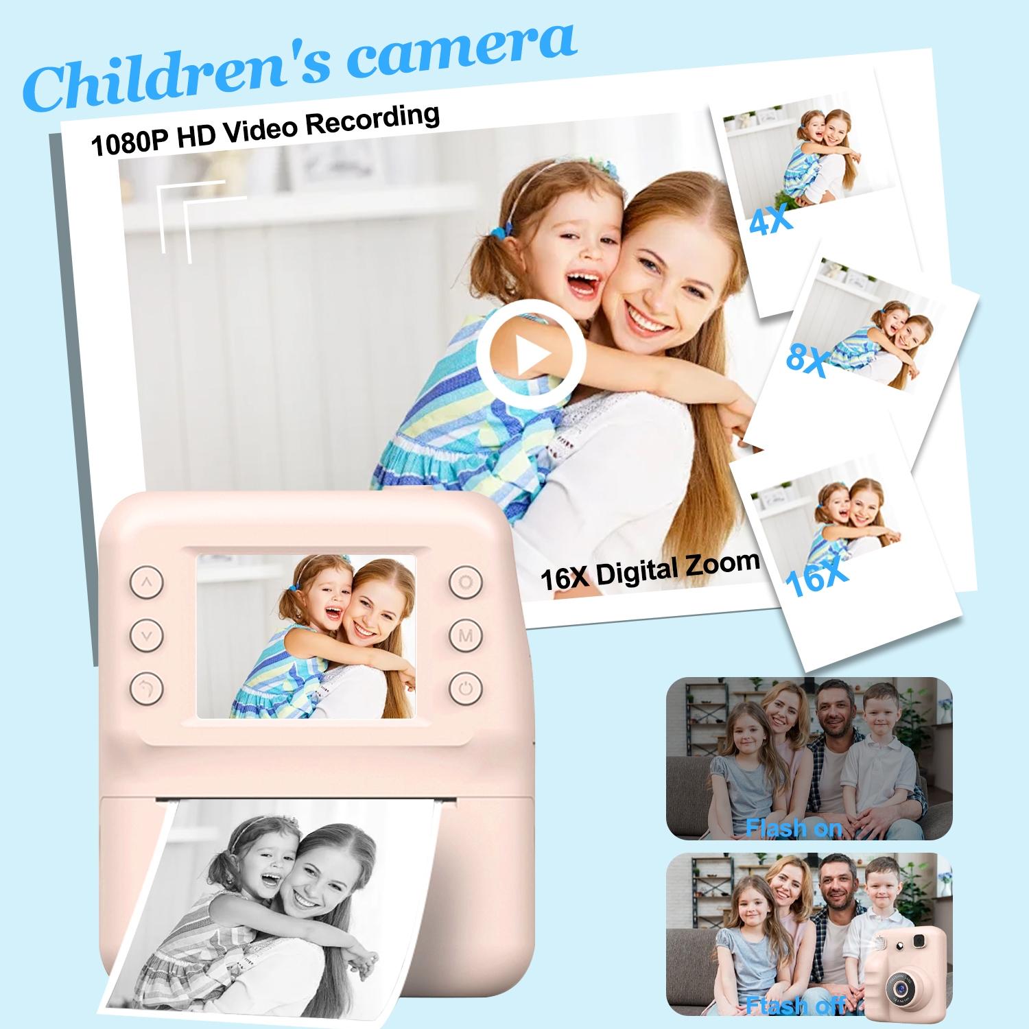 Kids Instant Print Camera 48MP High Definition 1080P Video, 8X Magnification Zoom with Flashlight, 5 Color Photo Filters, 3s/5s/10s Timed Shooting & 3/5 Burst Shooting, Includes 3 Rolls Printing Paper, Great Camera Toy for Kids