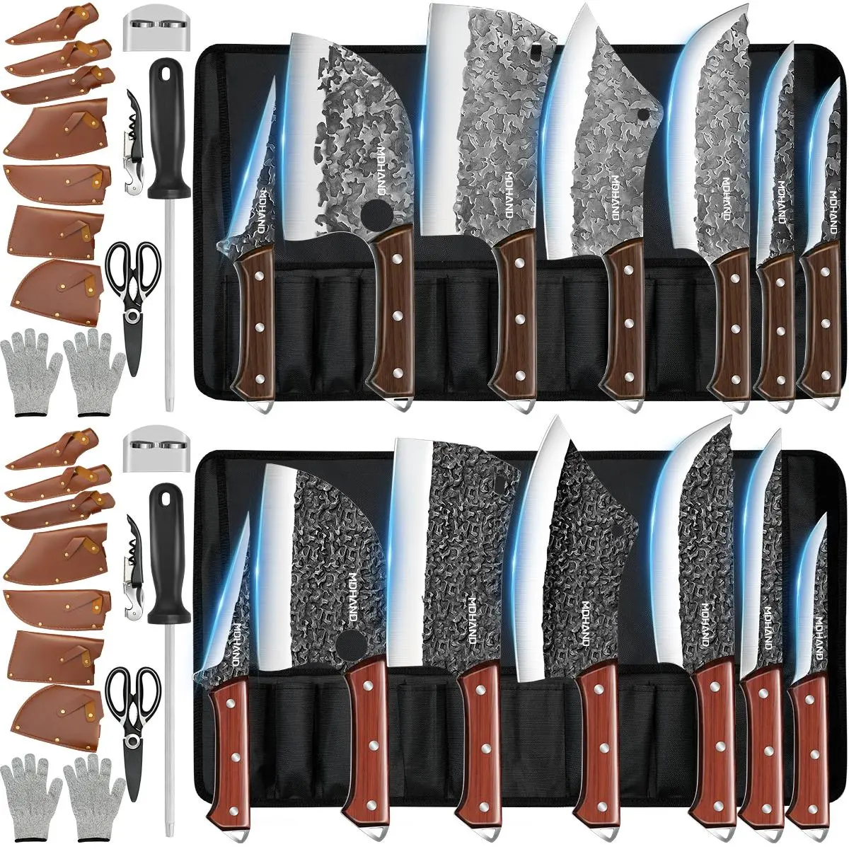 MDHAND 2Pack 14Pcs Knife Set, Chef Butcher Knife Set, Hand Forged Kitchen Knife Set with Roll Bag | High Carbon Steel Meat Cleaver Knife, Bone Chopper Knives, Fillet Knives, Christmas gift!