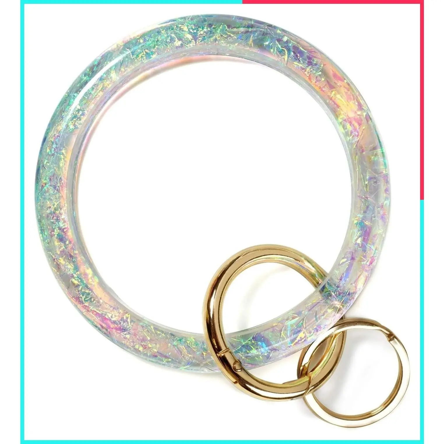 Holographic Circle Bangle Keychain Bracelet, Wristlet Key Ring for Women