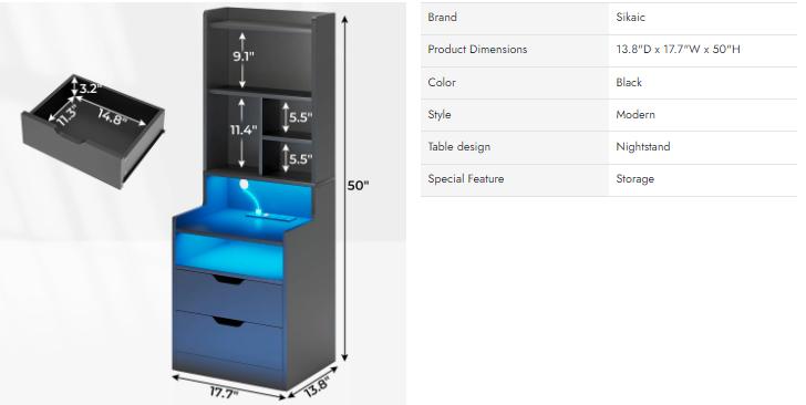 Sikaic LED Nightstand With Bookshelf Charging Station Furniture Drawer Bedroom Table Home Organize Study Minimal Interior Power Outlets