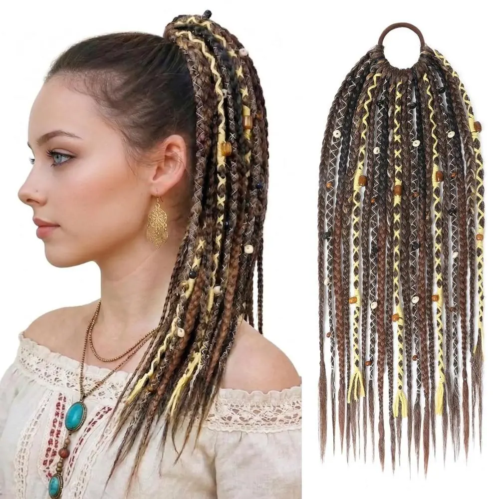 Bohemian Braided Ponytail Hairband with Beads Pendant, Boho Style Beaded Hair Tie, Stylish Women Hair Accessory for Festival Vacation Daily Wear, Boho Braids, Beaded Strands