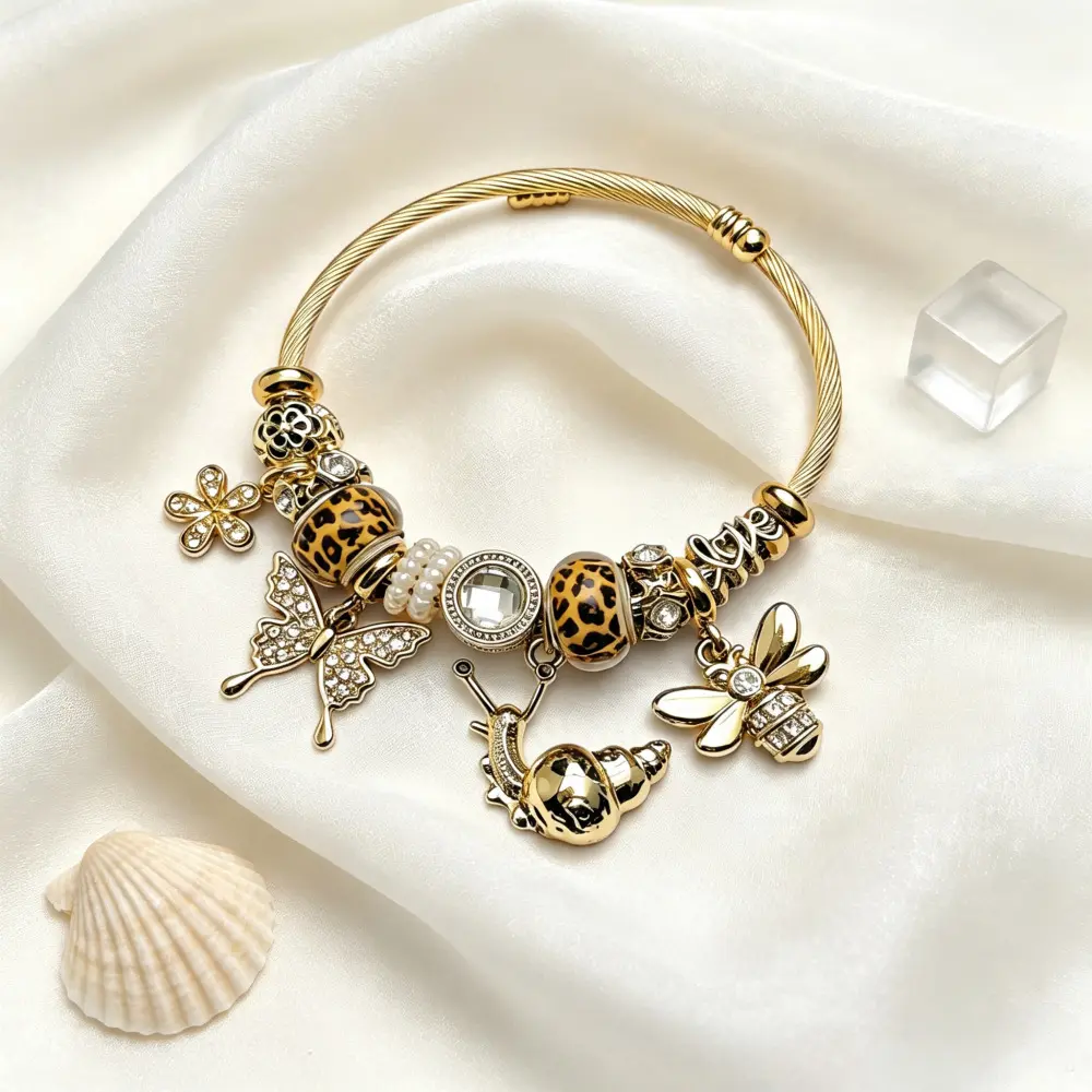 Leopard Print Nature Charm Bracelet Twisted Cable Bangle Exclusive Design Chunky Wristband Dangle Butterfly Snail Bee Pendants Flower Charms Sparkly Rhinestone Beads Statement Fashion Jewelry Gift For Women
