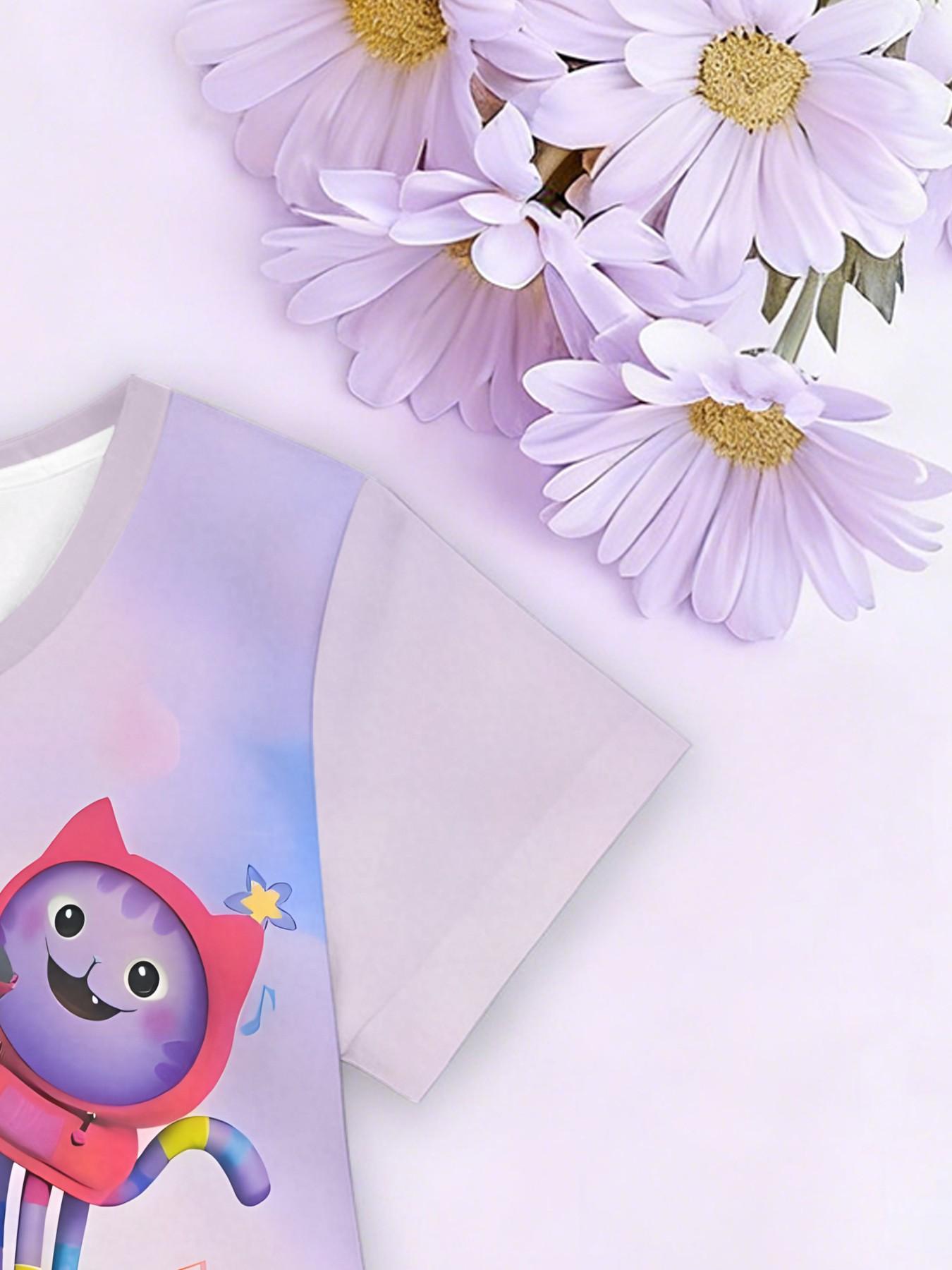 Girls' Base Gabby Team Full Print Dress, Cartoon Dream Team Short Sleeve A-Line Dress, Summer Casual Dress, Birthday Gift, Festival Gift