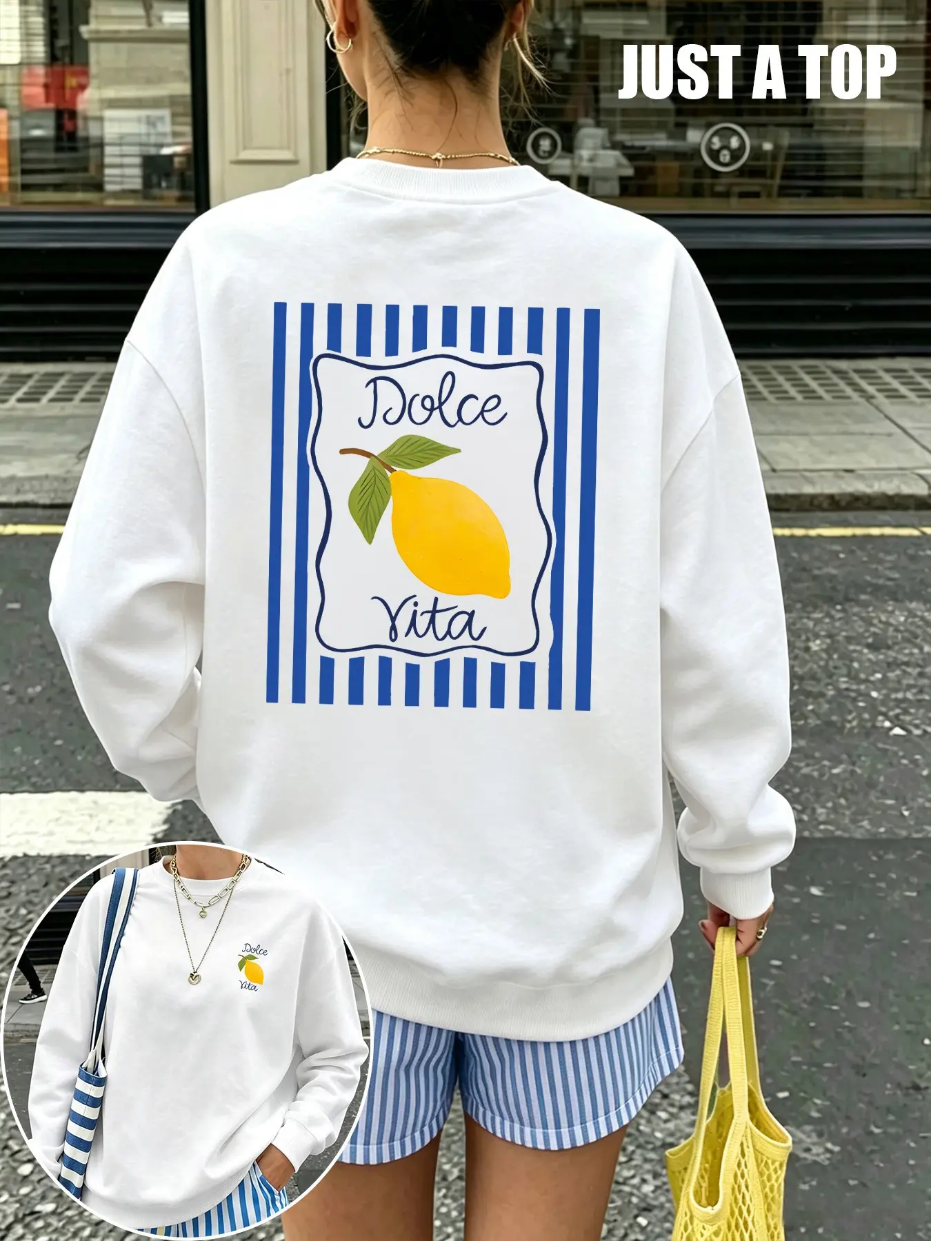 Women's Casual Loose Round Neck Pullover, Striped Lemon Pattern Print, Fashion Women's Clothing, Fall Winter Graphic Sweatshirt