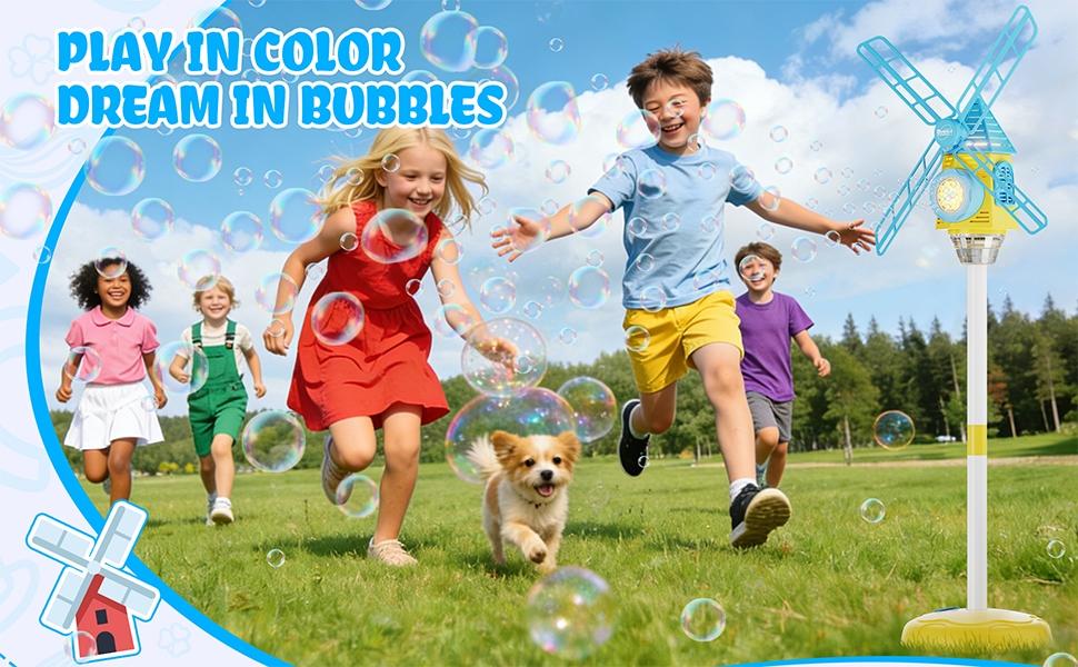 Automatic Windmill Bubble Machine, Adjustable Bubble Maker, Adjustable Height, Colorful Lights, Music, Indoor Outdoor Use, Gift for Kids