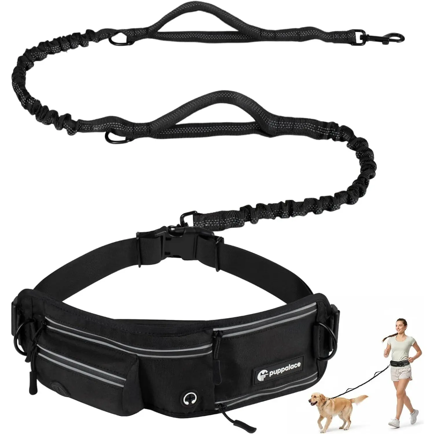 Hands Free Dog Leash with Waist Pack Bungee for Running Black