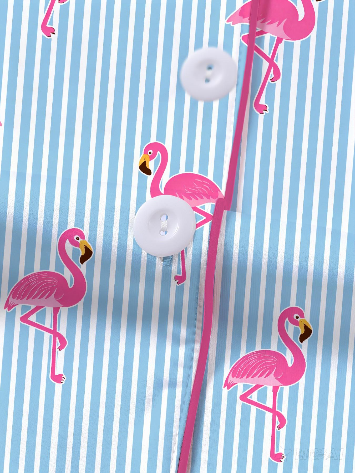 Women's Striped Flamingo Print Pajama Set Pjs, Short Sleeve Button-Up Top & Elastic Shorts, Casual Loungewear Outfit & Pajamas for Home Wear, All Seasons