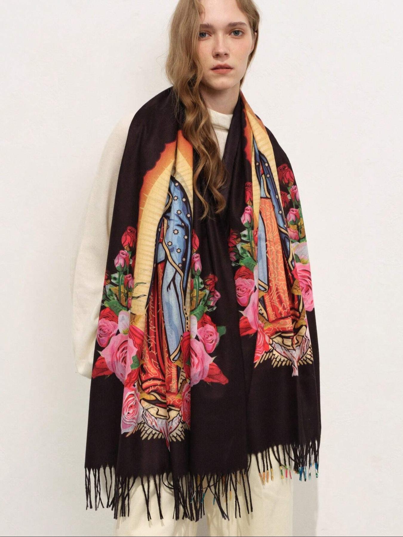 Elegant Printed Polyester Scarf with Tassel Fringe, Shawl Wrap for Women, Windproof & Warm, Perfect for Parties & Gifts, Tassel Decor Shawl