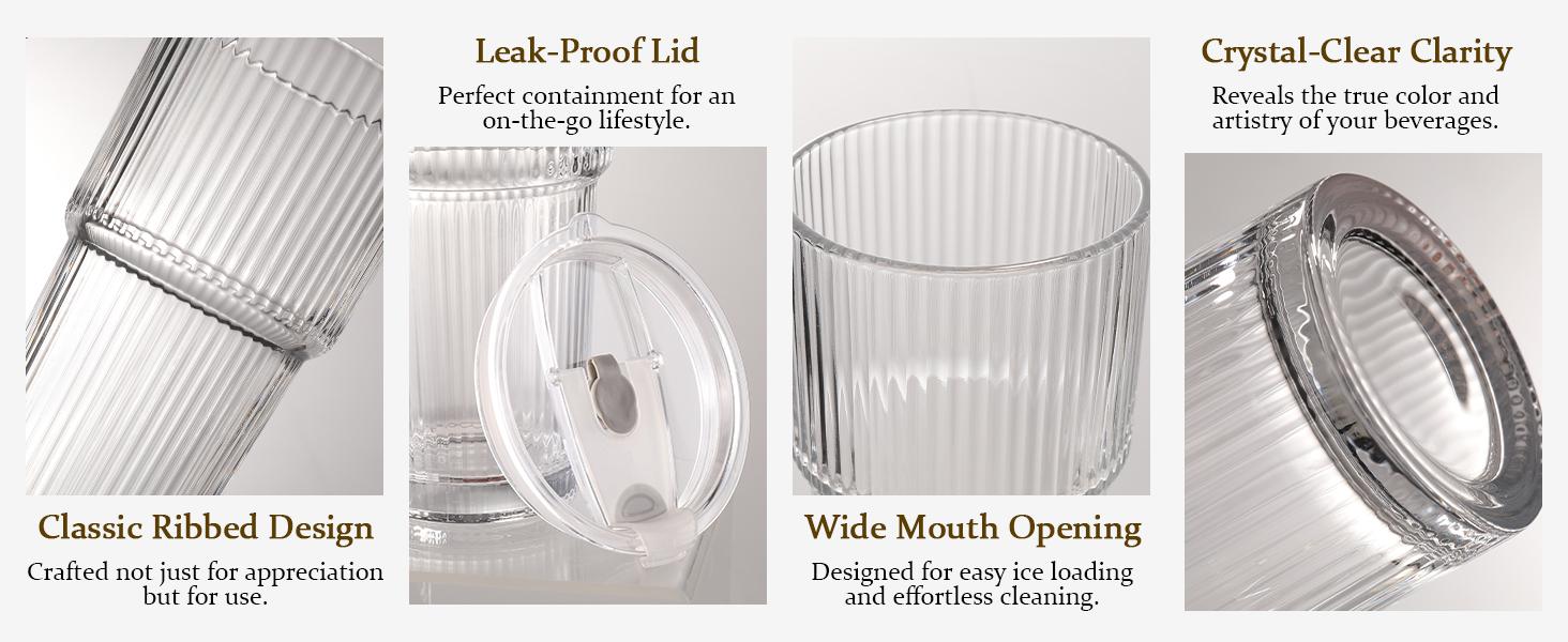 Iced Coffee Cups with Lids: Coffee Bar Accessories - Ribbed Glass Tumbler with Straw and Lid 4Pcs - 20oz Leak Proof Tumbler - Reusable Glass Cups and Tumblers with Lid and Straws for To Go Iced Coffee