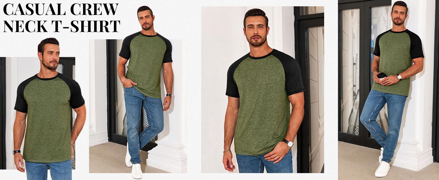 Runcati Mens Casual Slim Fit T Shirts Raglan Short Sleeve Crewneck Baseball Tees Color Block Workout Fashion Shirt