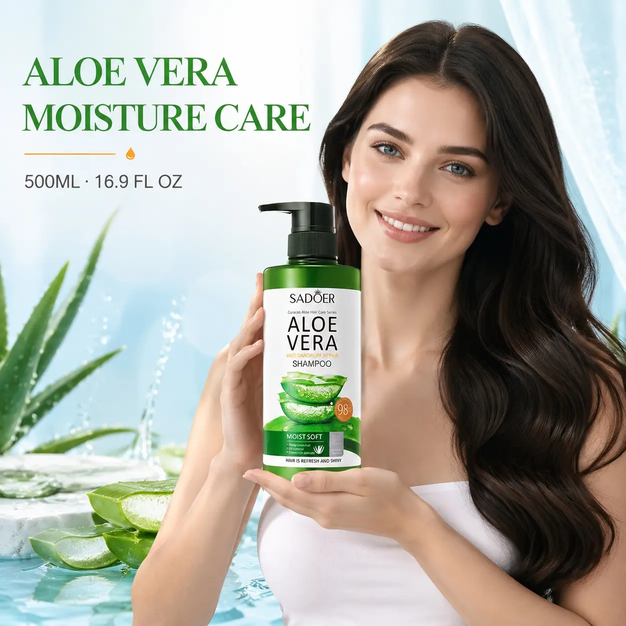 SADOER Aloe Vera Shampoo, Moisturizing Hair Cleanser with Rich Foam, Daily Hair Care for Smooth-Looking Fresh Hair, Green Pump Bottle, 500 ml / 16.9 fl oz