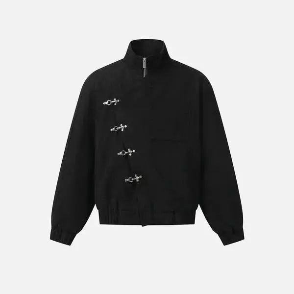 Unisex Retro Y2K Polyester Metal Button Boxy Shape Jacket - Black, Long Sleeve, Stand Collar, Slanted Placket, Retro Street Style, Back-to-School Outfit, Men's & Women's Coats Tops Gamis