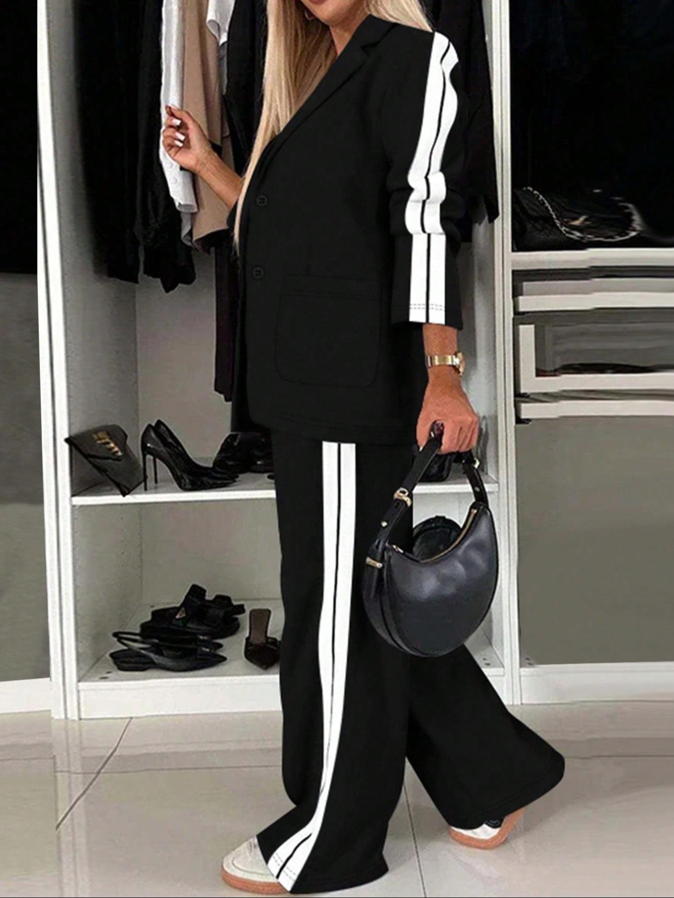 Women's New Style Loose-Fitting Long Sleeve Jacket & Pants Set, Striped Patchwork Casual Notched Lapel Blazer Two-Piece Suit, Comfortable Elegant Lapel Design For Autumn And Winter Set