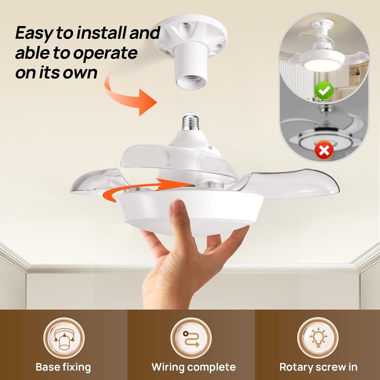 Socket Fan Light with Remote Control, E27 Socket Retractable Ceiling Fan Light, Ultra-Quiet Dc Motor, Dimmable LED, Flush MounSocket Fan Light E27 Fan Light Retractable Ceiling Fan Light Invisible Blades Ultra Quiet DC Motor Dimmable LED Flush Mountt