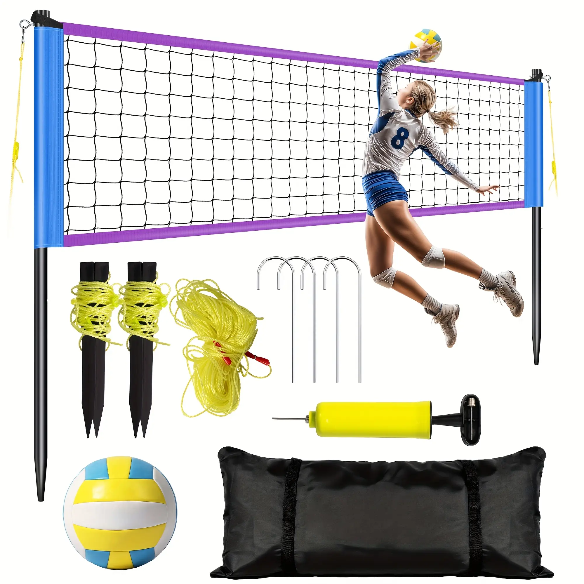 FITPLAY Portable Volleyball Net System with Adjustable Height (120.08inch) - Heavy-Duty PU Net, Sturdy Poles & Carry Bag, Quick Setup & Transport, Yellow/ Design, All-Weather Outdoor/Indoor Use for Beach, Backyard, Home - Complete Set with Pump & Ball In