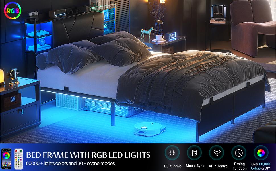Homieasy Queen Size Bed Frame with Charging Station and RGB LED Lights, Sturdy Platform Bed with Upholstered Storage Headboard, Solid Metal Slats, Noise Free, No Box Spring Needed, Easy Assembly, Black