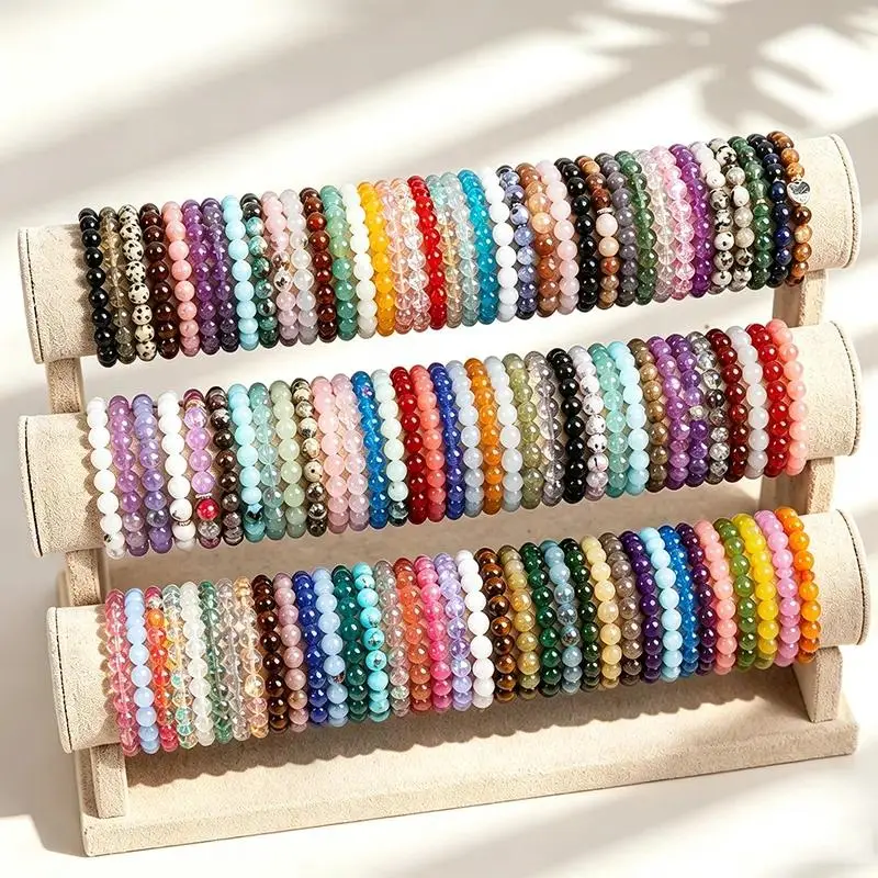 Unisex 35Pcs 8mm Round Glass Bead Bracelets - Fashionable Colorful Elastic, Heart Shape Design, Bracelets for Women, Valentine’s Day Casual Gift for Family