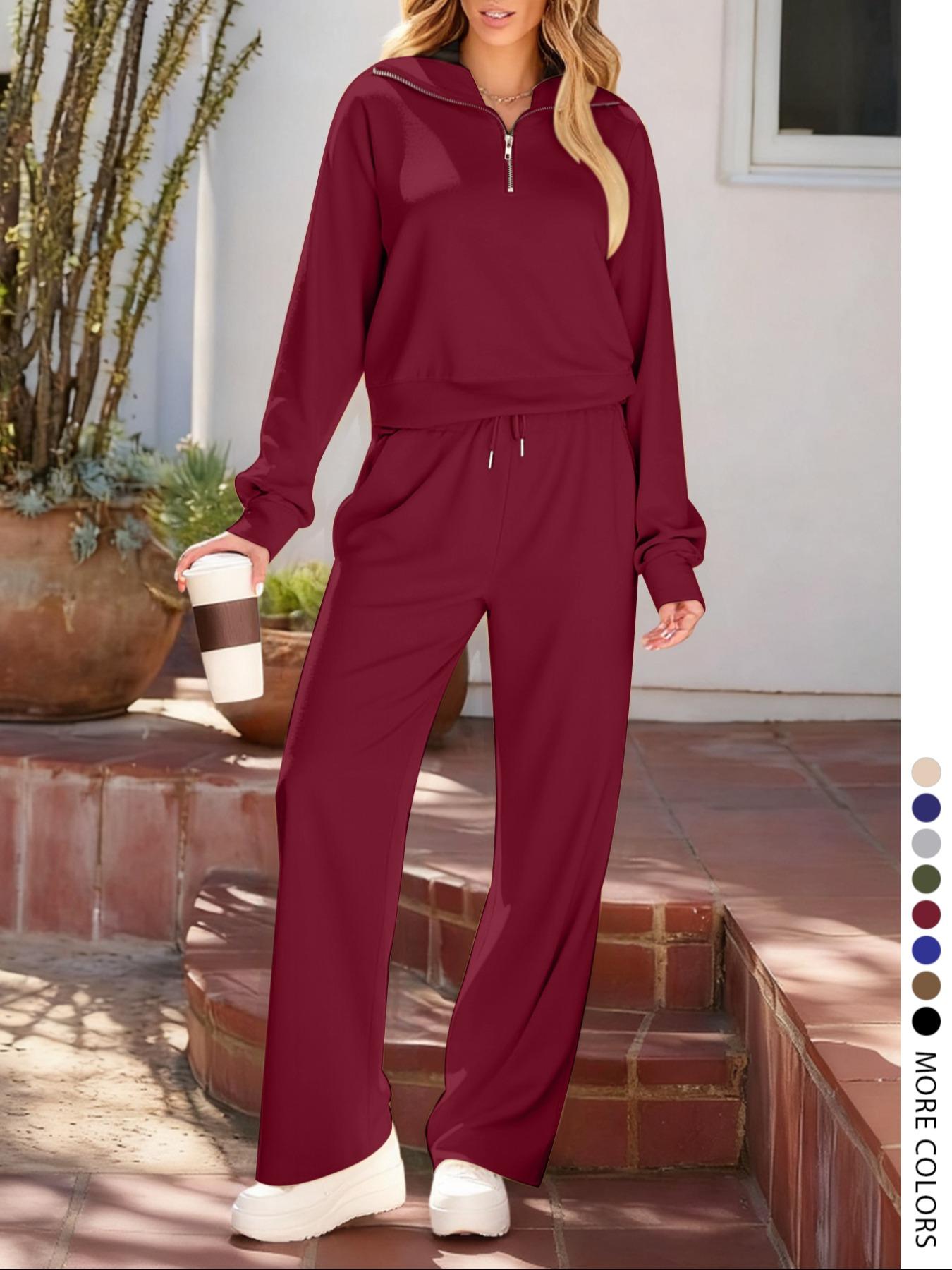Pure Color Half-Zip Shoulder Pad Sporty Top Long Pants Set, Casual Loose-Fitting Short Upper Long Lower, Perfect for Spring Summer
