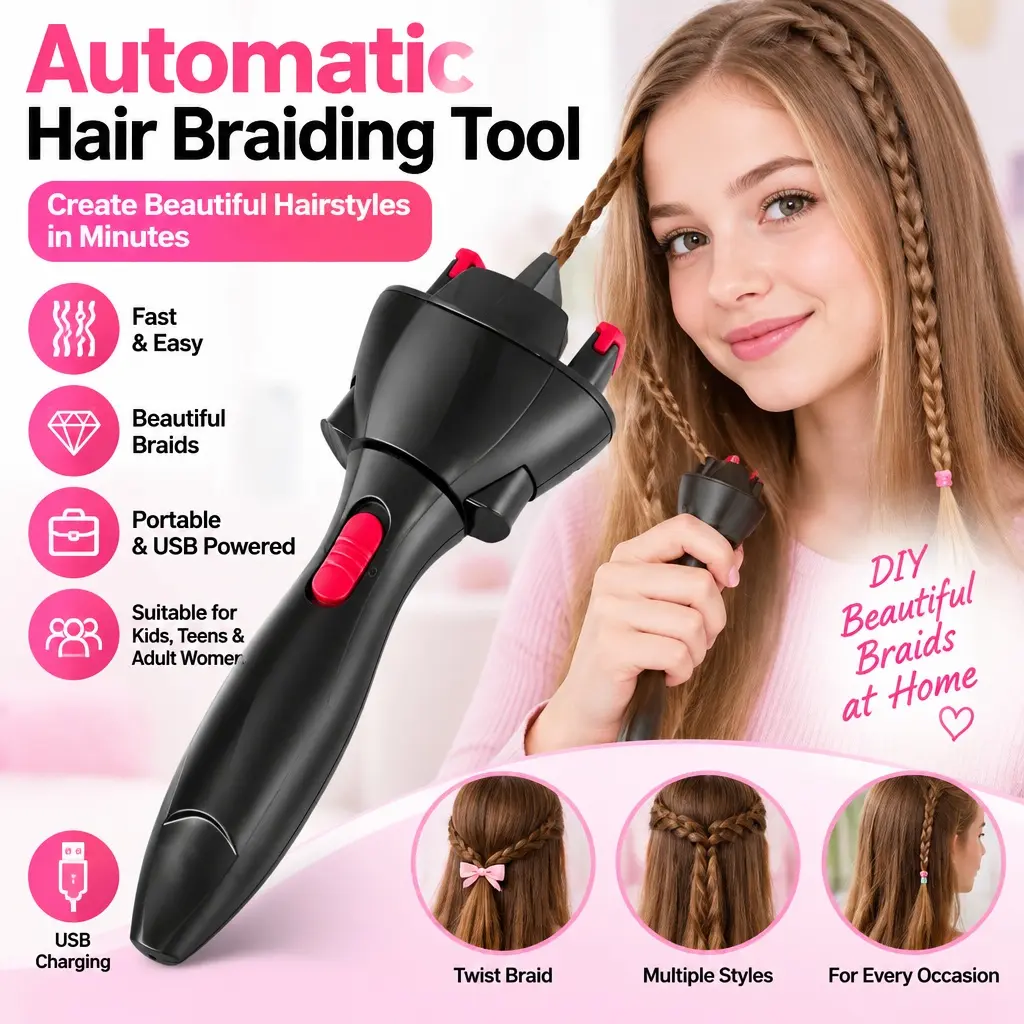 Home DIY Hair Braiding Tool, Automatic Electric Hair Twist Braider, Portable USB Hair Braid Maker, Fast Hairstyle Styling Machine for Kids, Teen Girls & Adult Women