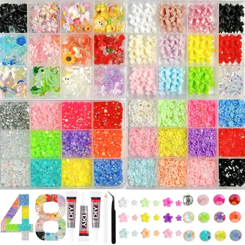 48pcs Resin Water Drops Glitter Decorations, Includes Adhesive & Tweezers, Ideal for DIY Crafts, Clothing, Cups, Shoes, Fabric, Nail Art, Nail Art Products, Nail Art Rhinestones, Flatback Crystals, Multi-Color, Pickup Tool