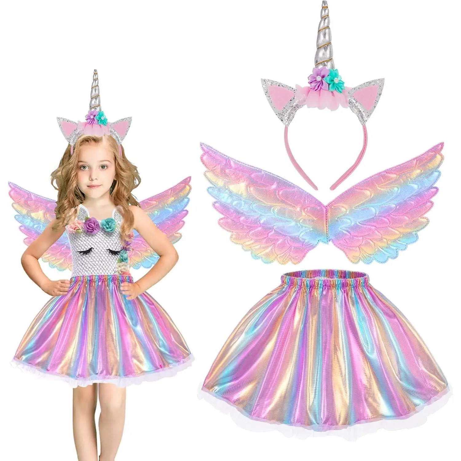 Unicorn Costume for Girls - Birthday Tutu Dress with Wings Headband, Christmas Party Outfit GiftGift
