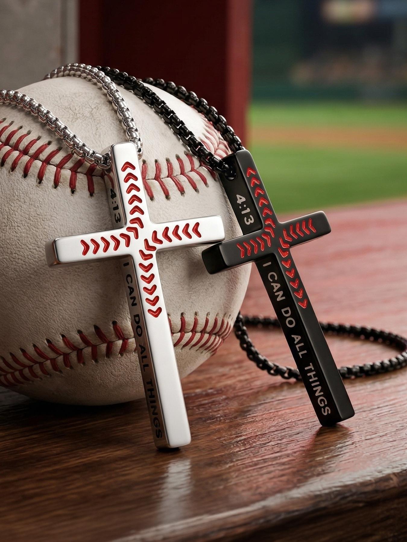 Punk Fashion Cross Necklace 4:13 Bible Verse Cross Pendant Necklace, Black and Silver Necklaces for Boys and Men #Baseball/316L Stainless Steel/Fade-Resistant/Hypoallergenic/Couples/Festivals/Parties/Ideal Gift